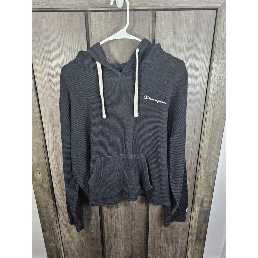 Champion Black Waffle Knit Cropped Hoodie Sweatshirt Womens Size L G